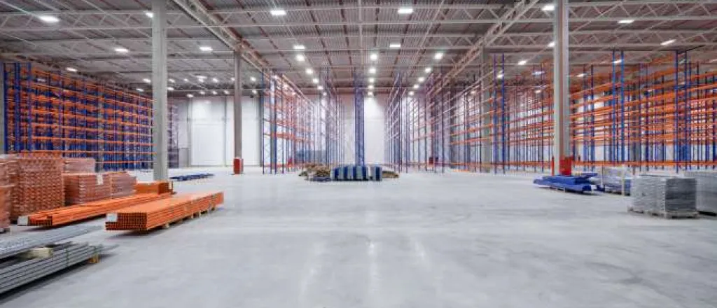 A large empty warehouse with high beam, LED lights. There are empty blue and orange rafters for inventory.