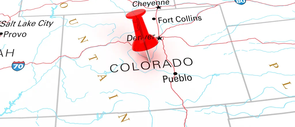 Map of the state of Colorado, showing portions of surrounding states
