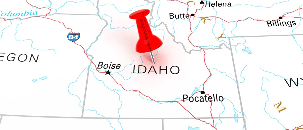 Map of the state of Idaho, showing portions of surrounding states