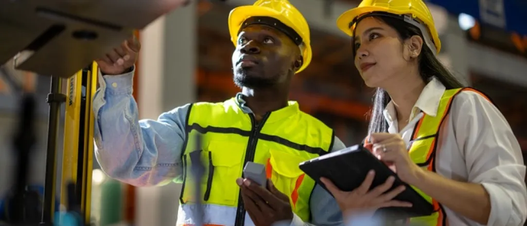 Two people looking at something in a warehouse. Both of them are wearing safety helmets and high-visibility vests.