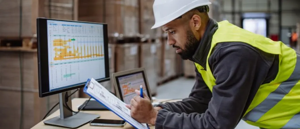 A warehouseman, wearing a neon yellow vest and a white hard hat, is checking the delivery and stock on a computer.