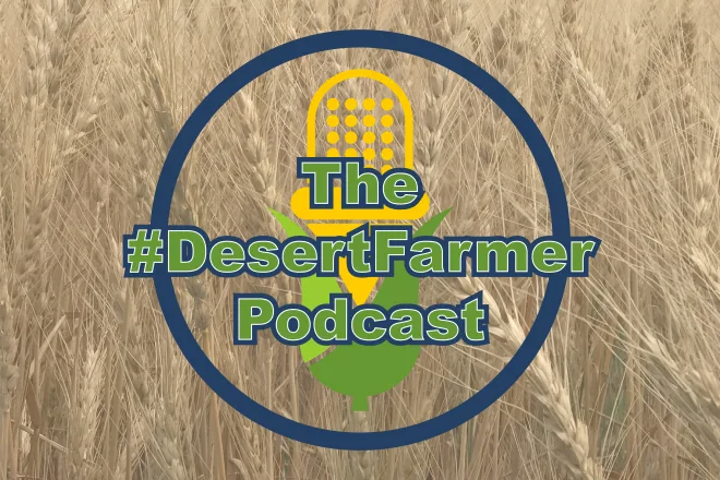 Logo for The #DesertFarmer Podcast over an image of ripe wheat