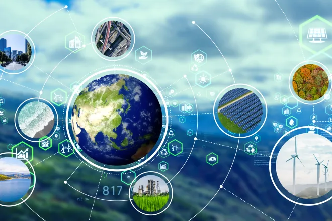 Artist's concept showing the Earth with satellite-like bubbles around it showing differing types of energy sources.