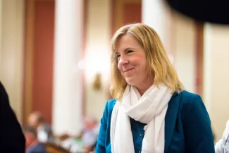 Speaker emeritus Rep. Melissa Hortman talks to colleagues during a special legislative session Monday, June 9, 2025, at the Minnesota State Capitol in St. Paul.