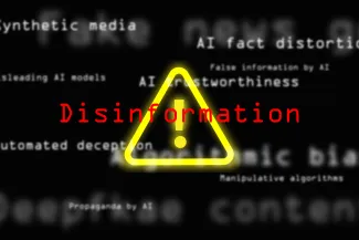 Concept art prominently showing the word "Disinformation" over and exclamation mark/bang symbol. Blurred words about negative uses of technology are in the background.