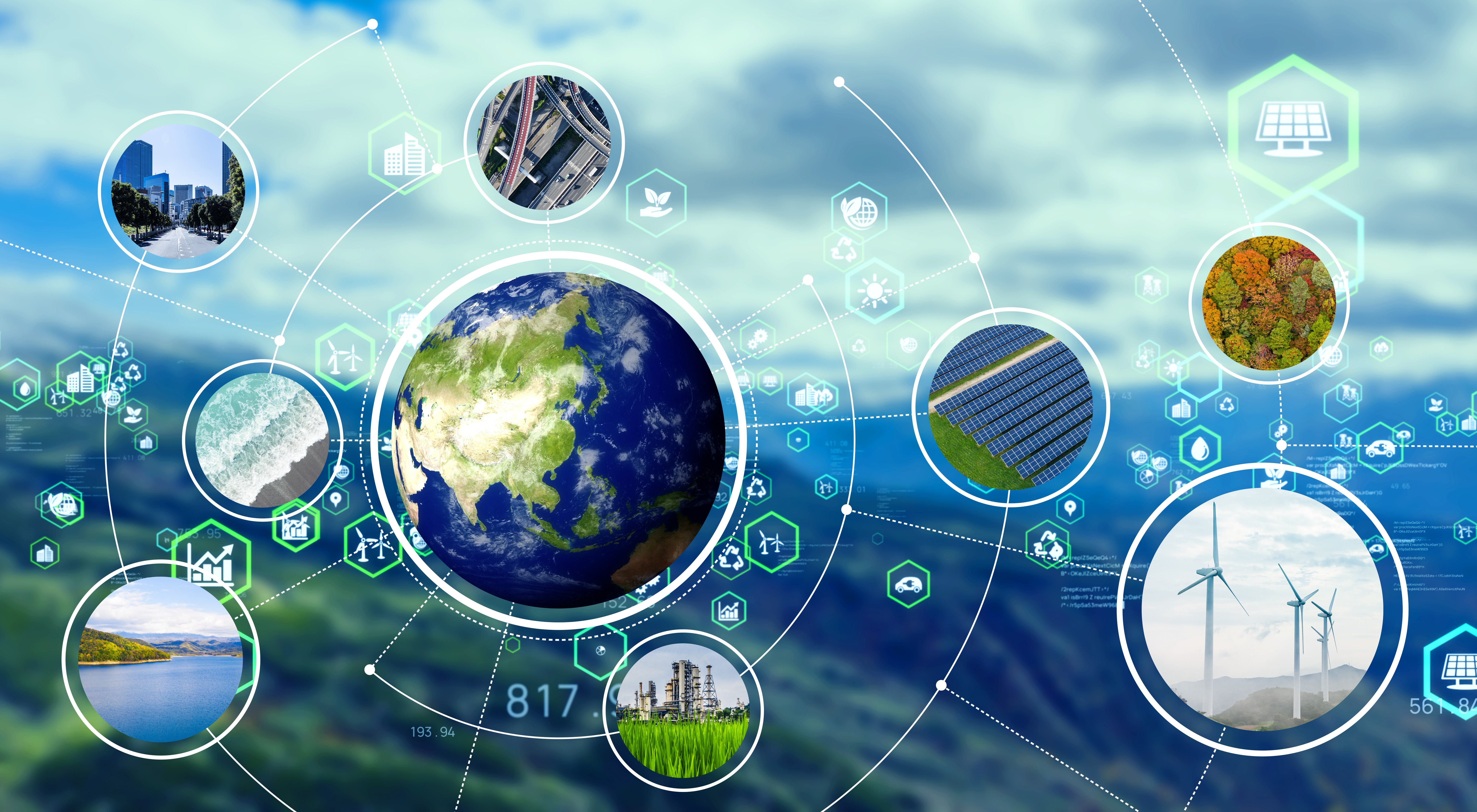 Artist's concept showing the Earth with satellite-like bubbles around it showing differing types of energy sources.