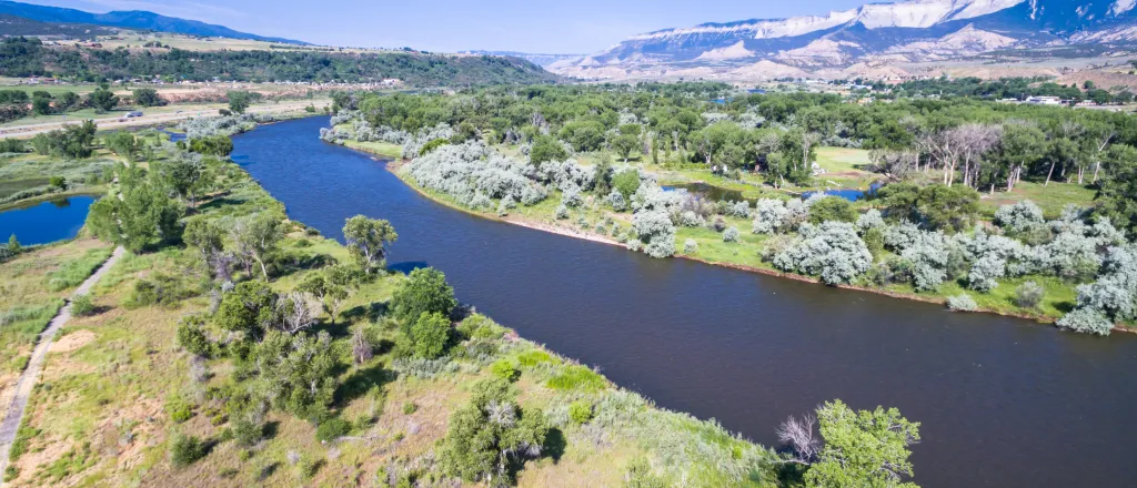 Aerial view of the Colorado River surrounded by trees and low vegetation with mountains and blue sky in the background.