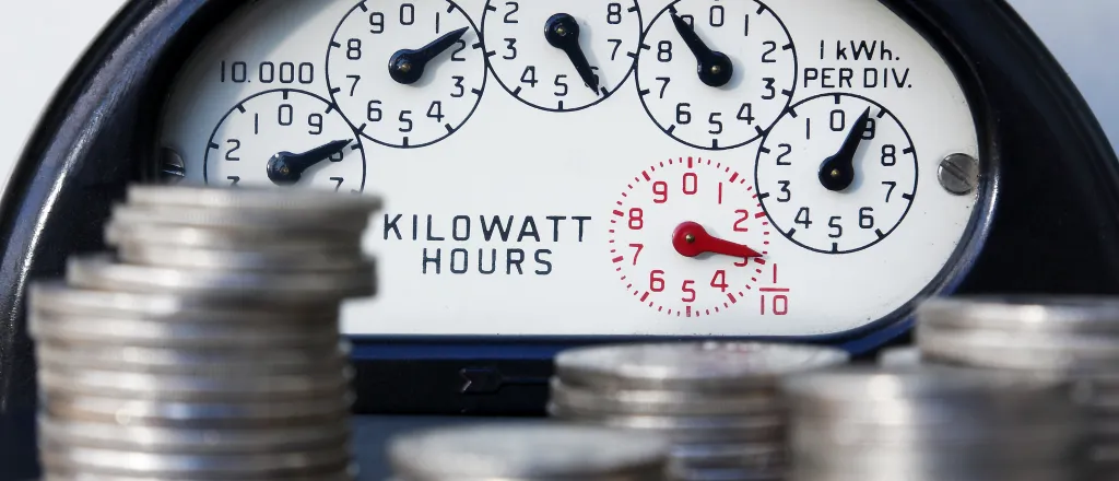 Dials on a electric meter with stacks of coins in front.