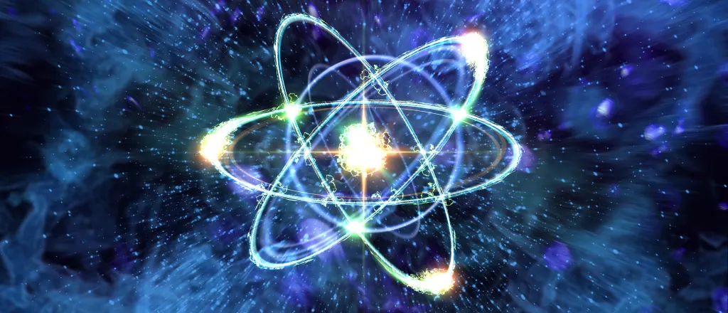 Artist's concept of an atom, with a nucleus and orbiting electrons