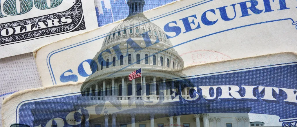 Concept art showing the United States of America capitol building, Social Security cards, and currency overlaid.
