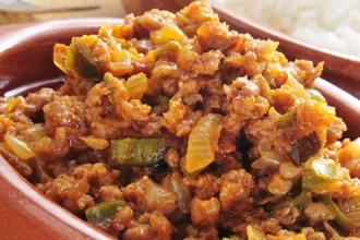 Closeup of a bowl of picadillo